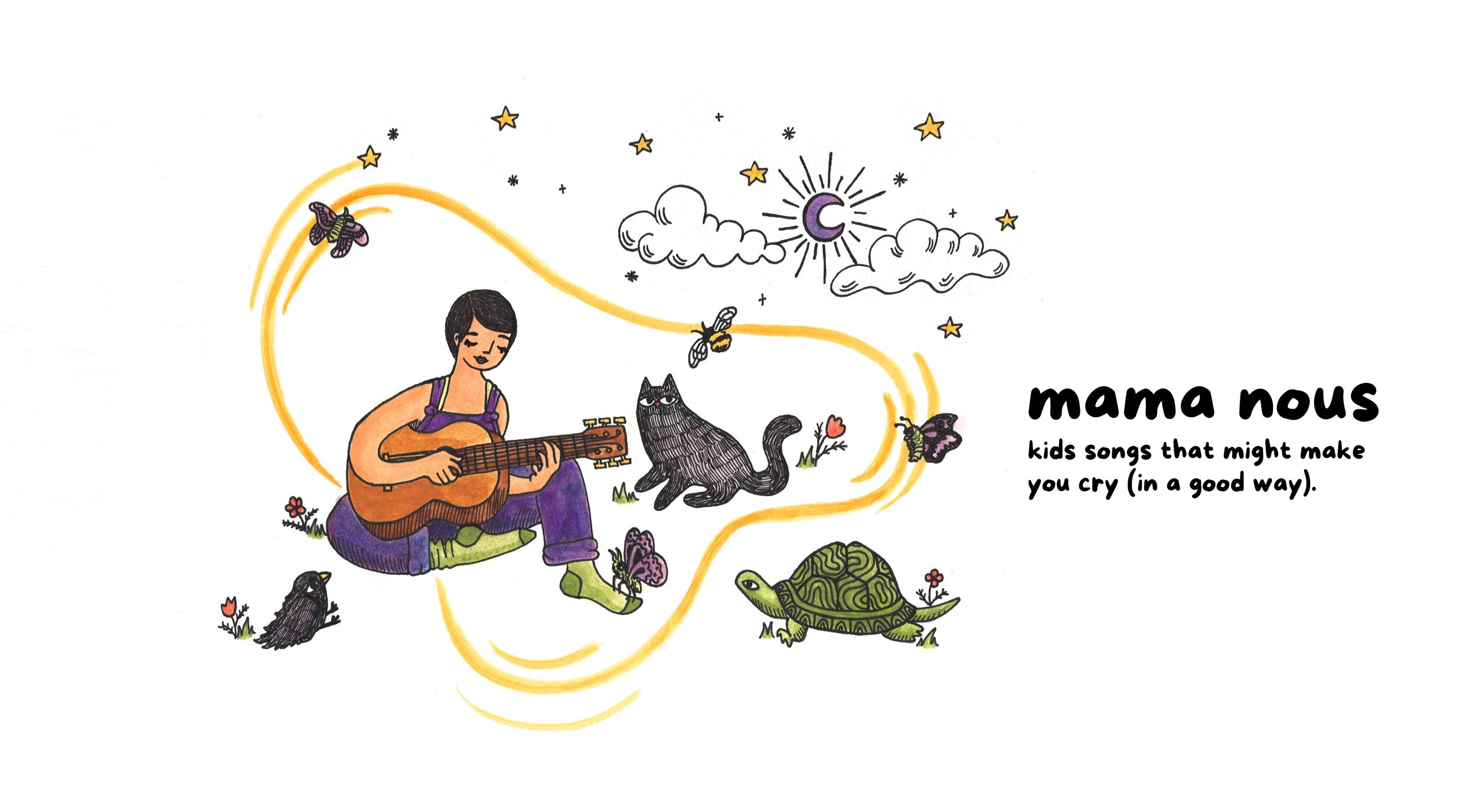 a brightly colored illustration of mama nous singing outisde