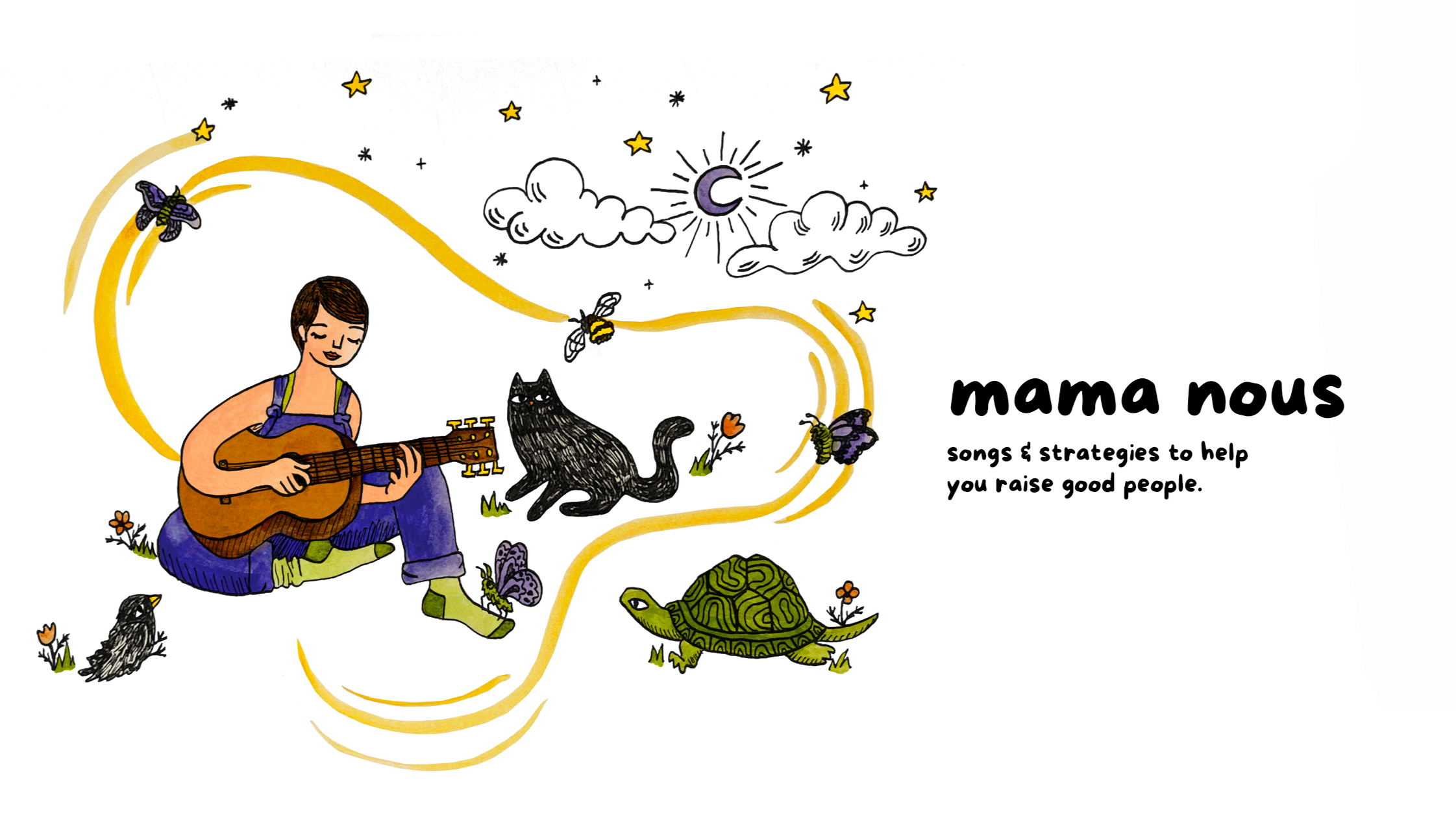 a colorful illustration of mama nous surrounded by animals and stars with text that reads, "mama nous. songs & strategies to help you raise good people."