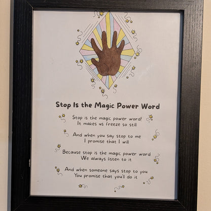 Framed print of the Stop is the Magic Power Word song lyrics posters.